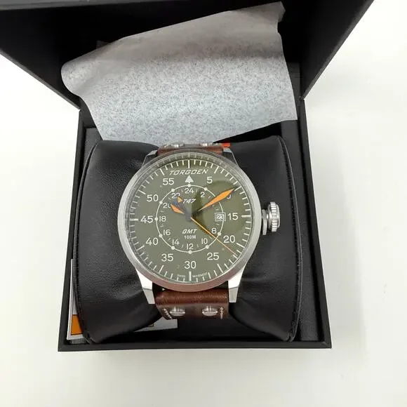 TORGOEN TN-1209U T47 Jumbo Green Sapphire GMT 47mm Brown Leather Strap New - Picture 5 of 11